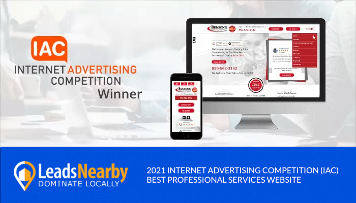 Computer and smartphone showing Benson’s Heating & Air Conditioning’s award-winning website. Text reads: 'IAC Internet Advertising Competition Winner' and '2021 Best Professional Services Website.' LeadsNearby logo included.