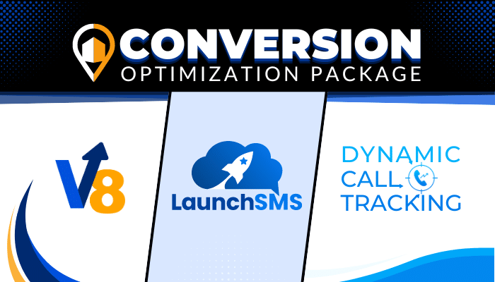 Banner image promoting a Conversion Optimization Package featuring three tools: V8 with a blue and orange arrow logo, LaunchSMS with a rocket in a cloud logo, and Dynamic Call Tracking with a phone and signal logo. The banner has a black background with the title 'Conversion Optimization Package' in white and orange text at the top.