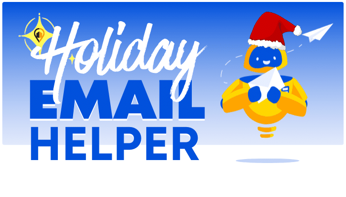 Festive graphic with text 'Holiday Email Helper' in bold blue letters and a cheerful robot wearing a Santa hat, holding an envelope. A paper airplane and decorative stars enhance the holiday theme on a gradient blue background. The LeadsNearby logo sits inside a sparkle at the top.