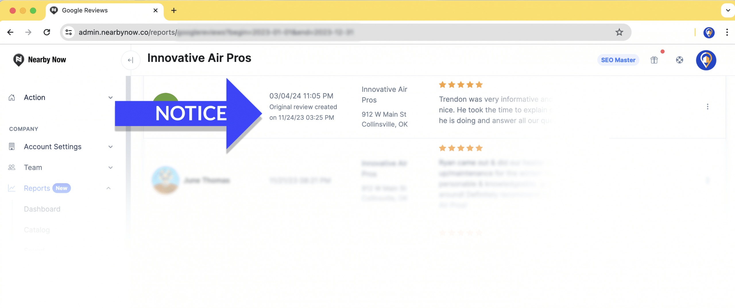 This is an informative image. It is a screenshot of the Nearby Now portal. There is an arrow pointing to the words "Original review created on 11/24" in order to show what it looks like when you get a second review from a customer.