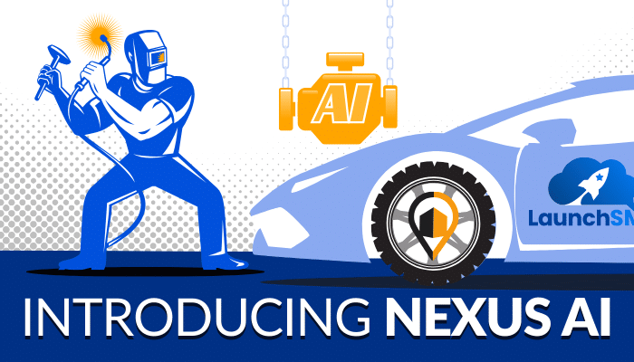 The image shows a mechanic installing an engine labeled "AI" into a sportscar with the LaunchSMS logo on its side. On the hubcap is the LeadsNearby pointer icon. The scene represents the integration of Nexus AI into the LaunchSMS system, symbolizing enhanced performance and efficiency. The text "Introducing Nexus AI" is displayed prominently at the bottom.