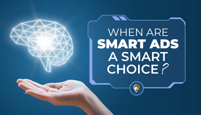 Informative graphic featuring a glowing, wireframe brain hovering above an open hand, alongside bold text asking, "When Are Smart Ads a Smart Choice?" with the LeadsNearby logo.