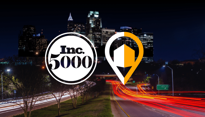 Decorative image of the Raleigh, NC, skyline at night. Streaks from headlights and taillights decorate the roads in and out of the city. The Inc. 5000 and LeadsNearby logos are overlayed prominently in the center of the image.